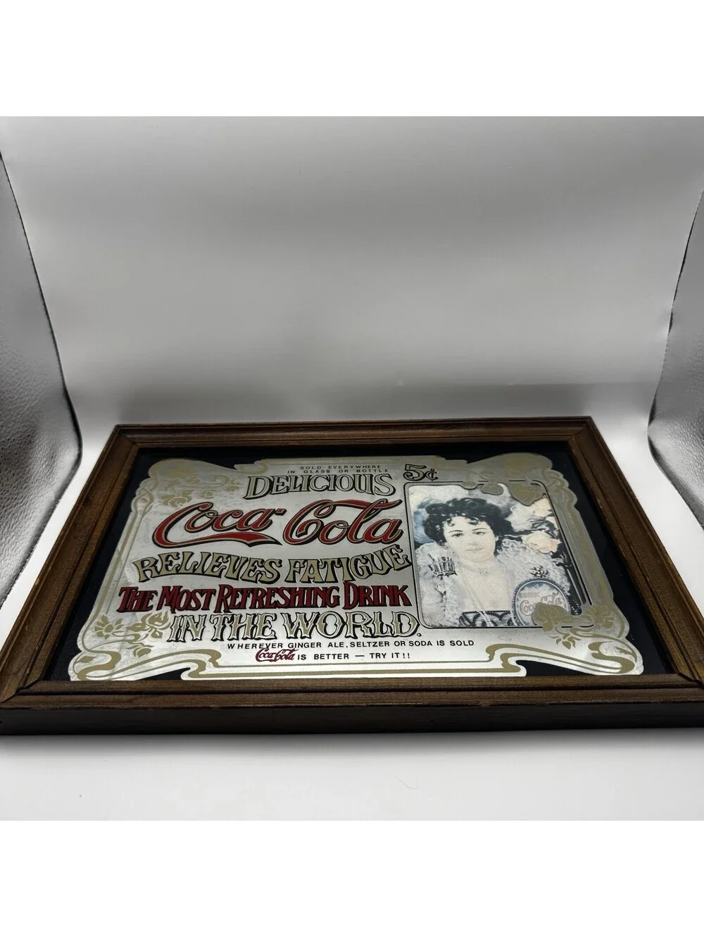 Vintage Coca Cola Relieves Fatigue Advertising Mirror Wood Frame Hand Made UK